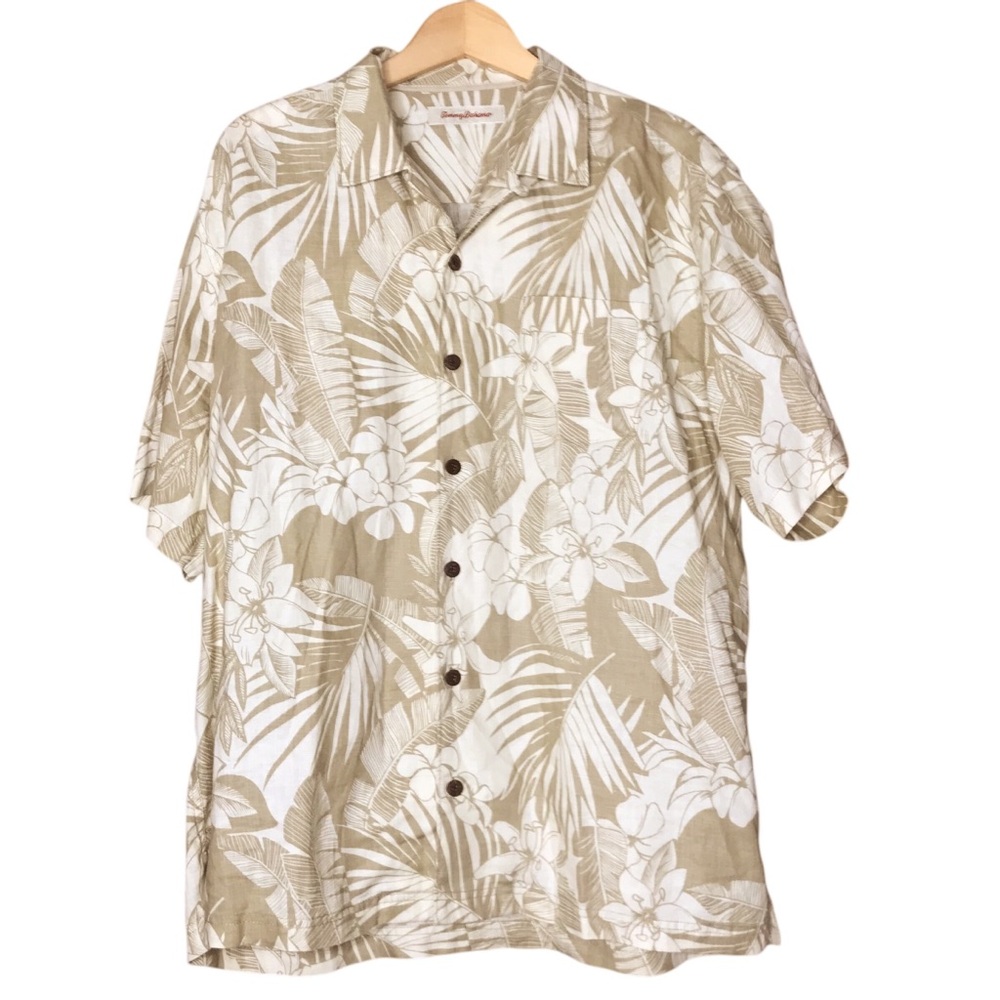 Tommy Bahama Cream Tan Linen Camp Shirt Tropical Floral Short Sleeve Men's Large